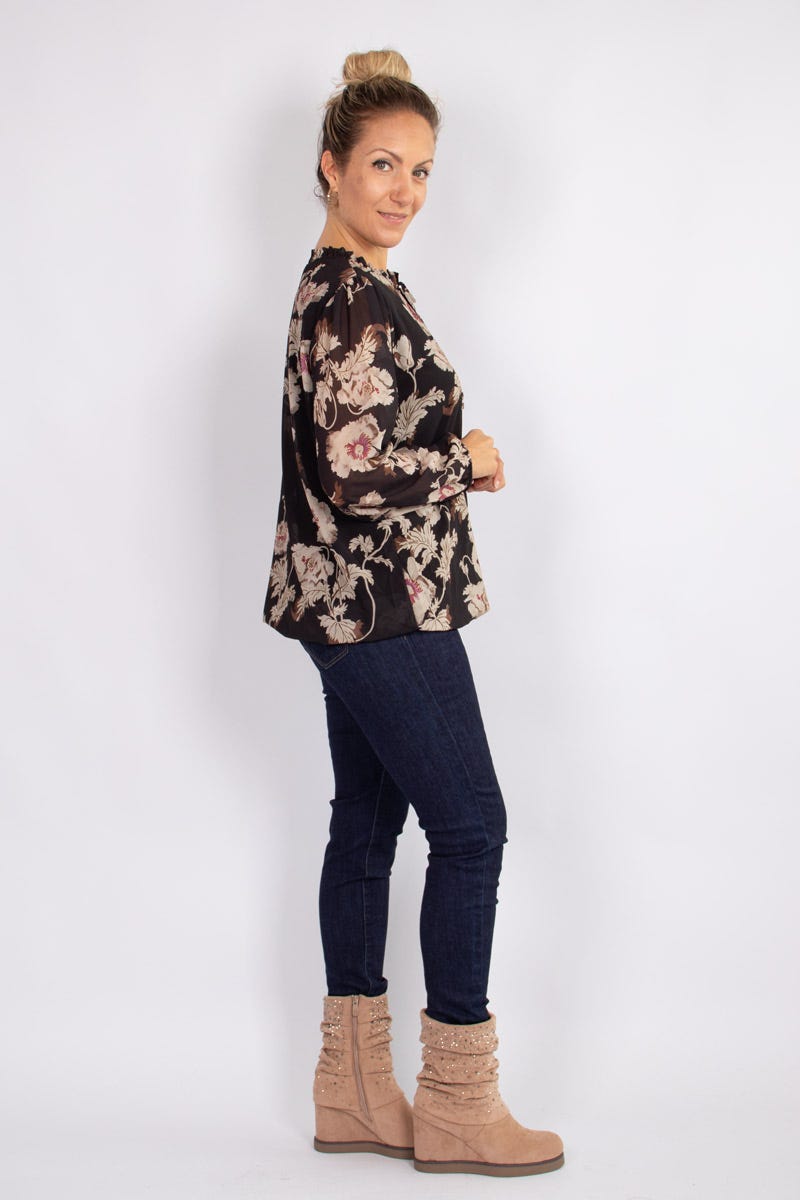 Bluse mit Blumenmuster und Bindeband Schwarz