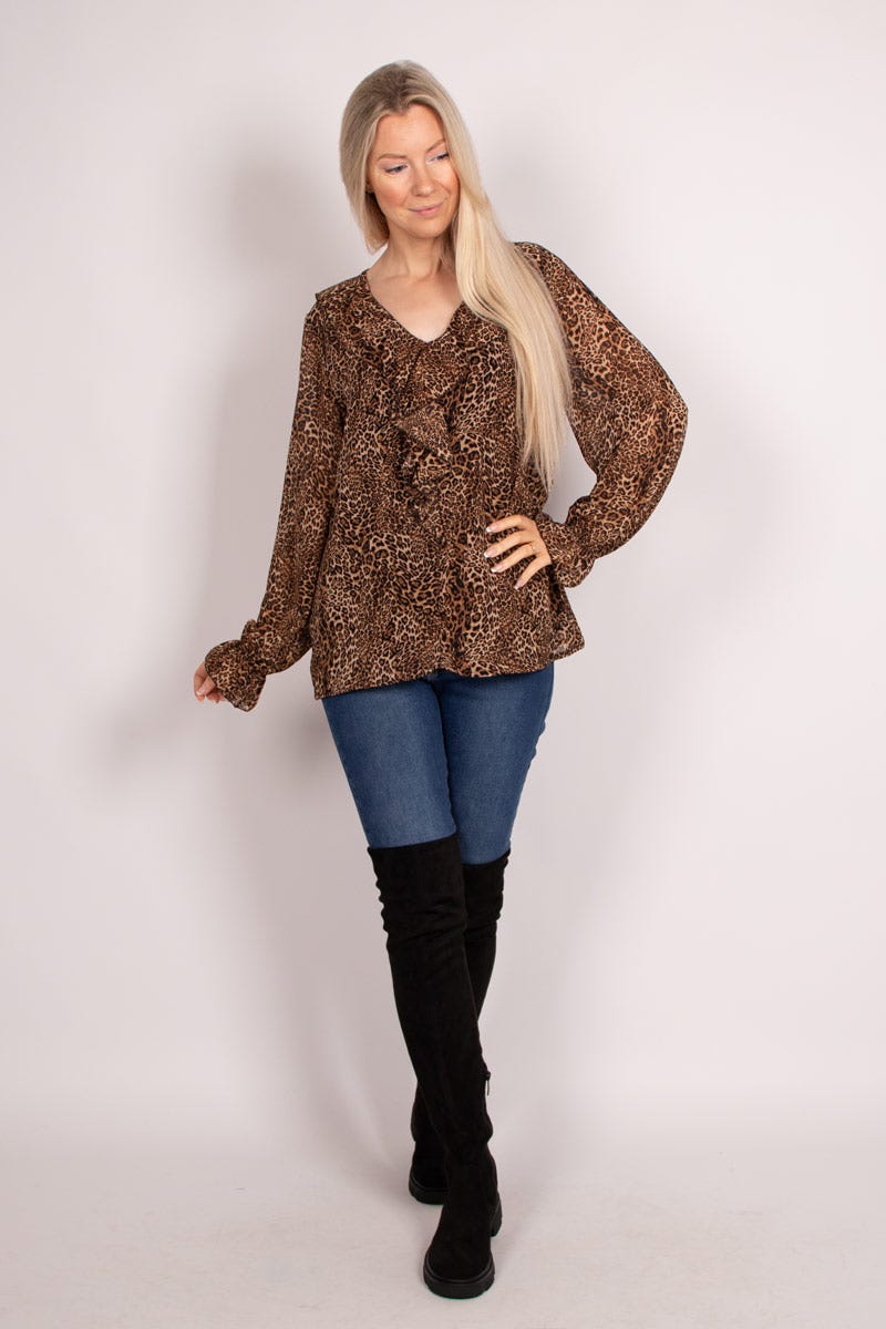 Rüschenbluse mit Leopardenmuster Braun