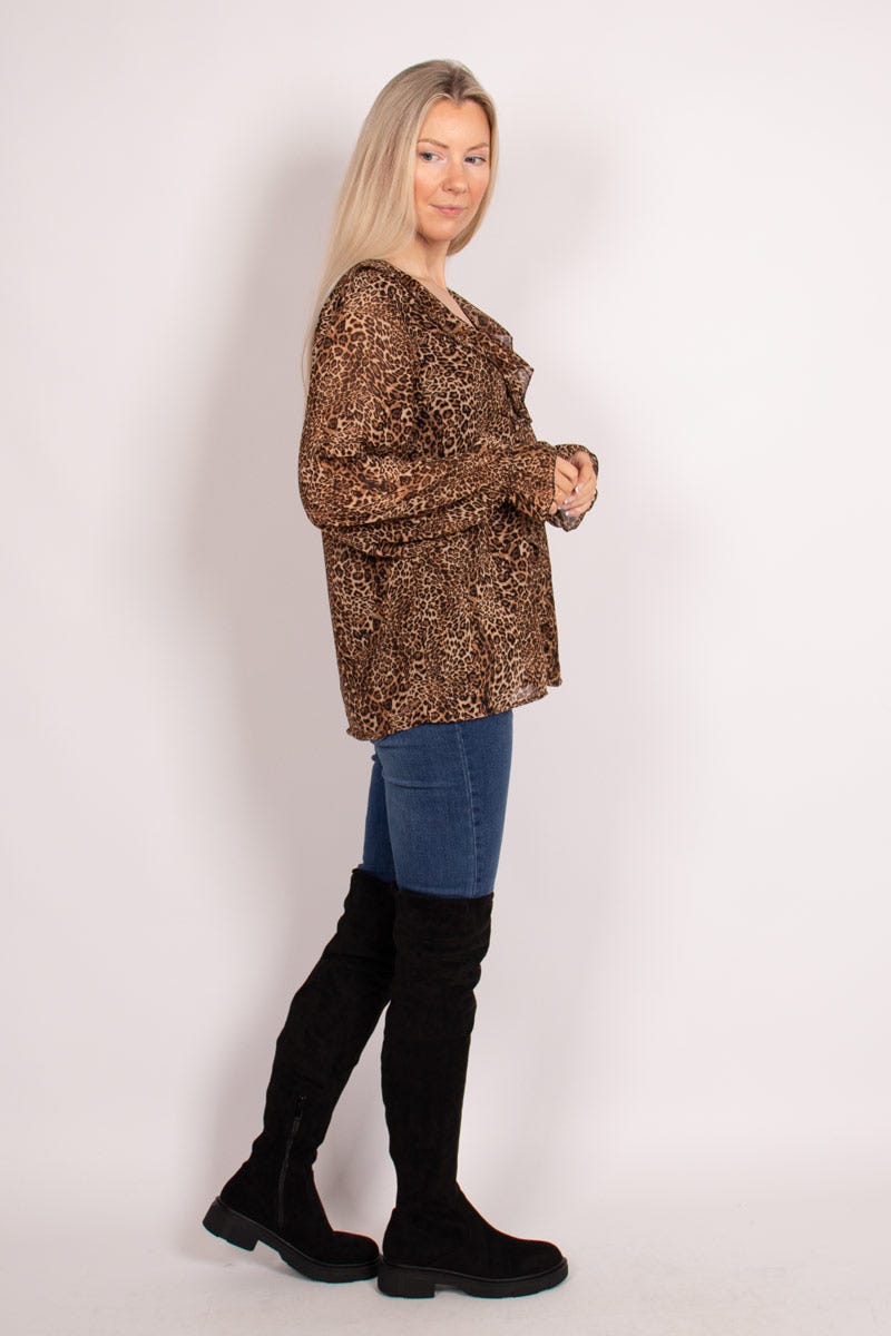 Rüschenbluse mit Leopardenmuster Braun