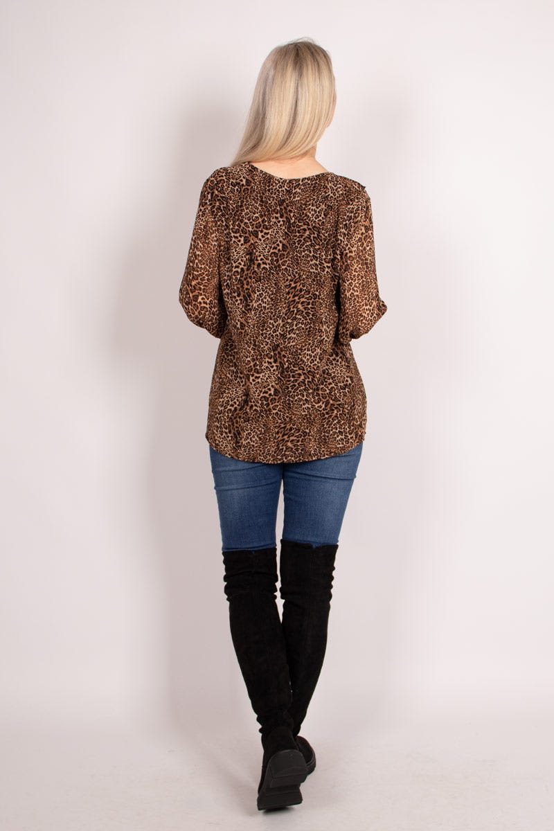 Rüschenbluse mit Leopardenmuster Braun