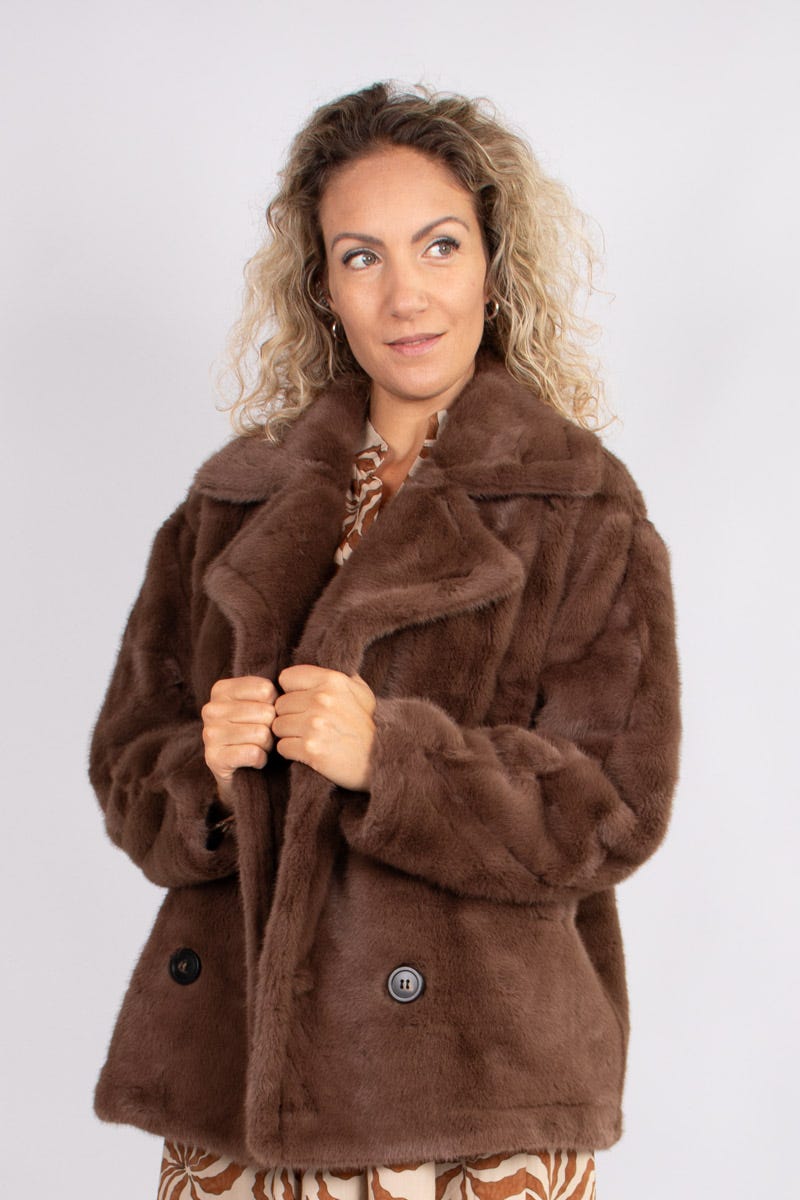 Faux fur jakke m. krave Brun