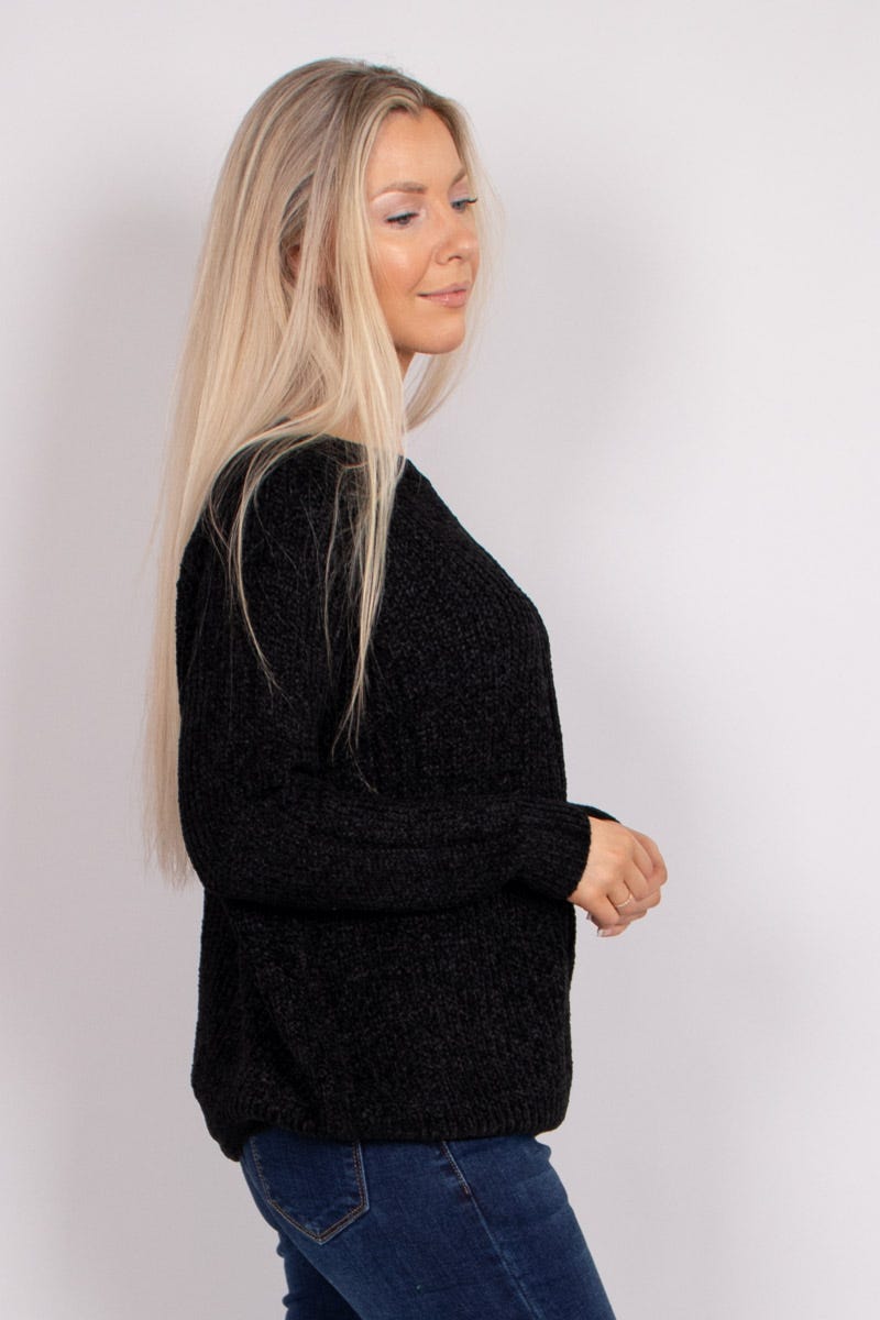 Chenille Strickpullover Schwarz