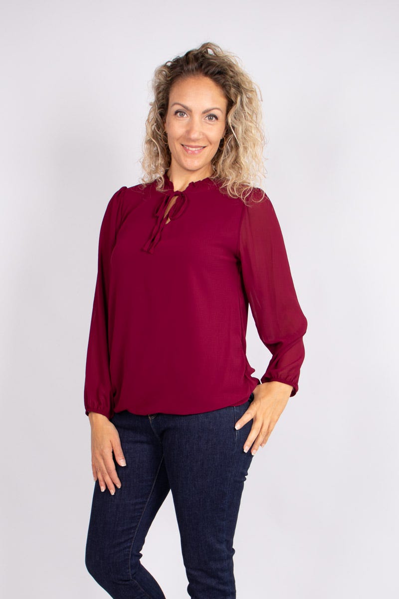 Bluse mit Bindeband Weinrot