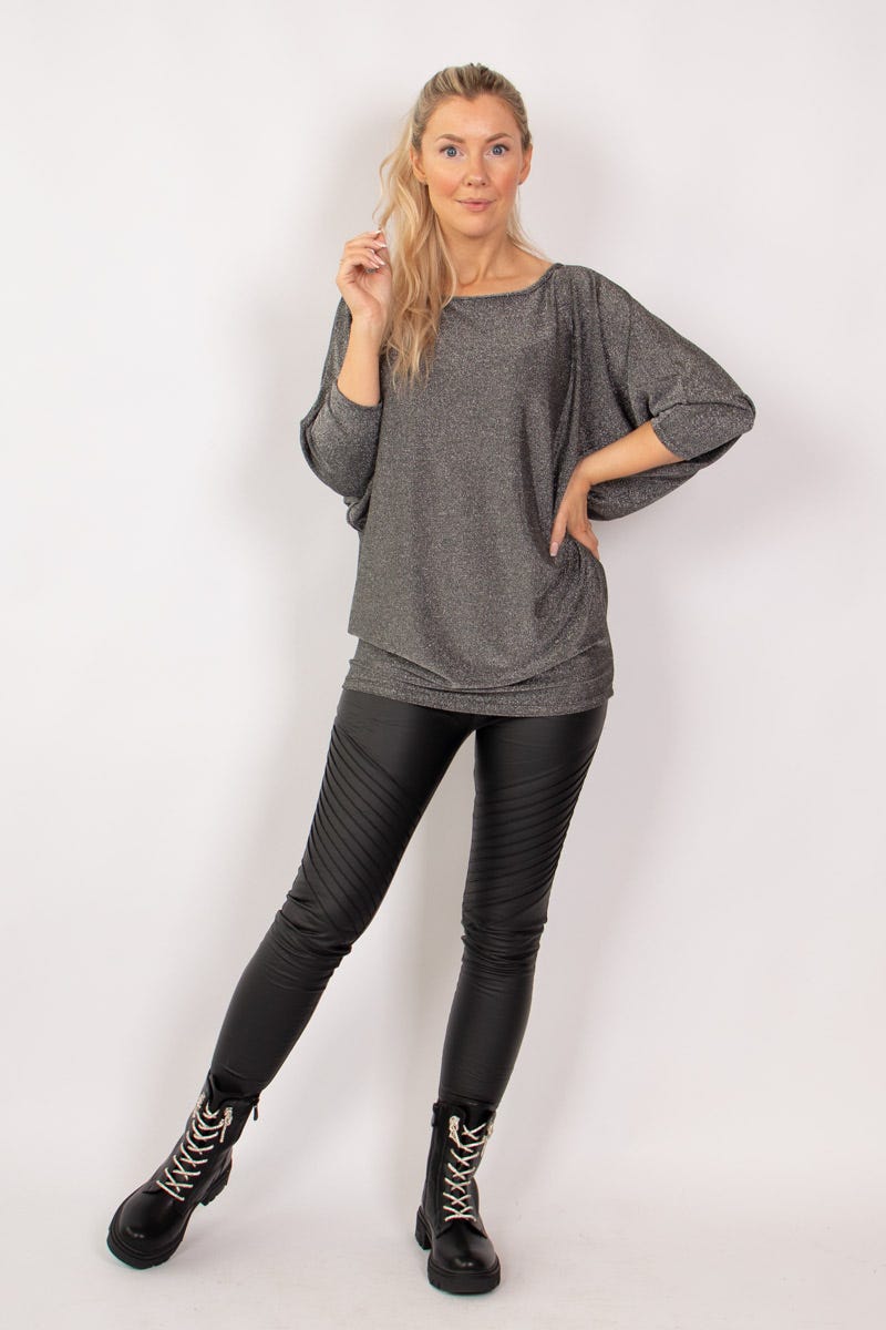 Batwing bluse m. glitter Sølv