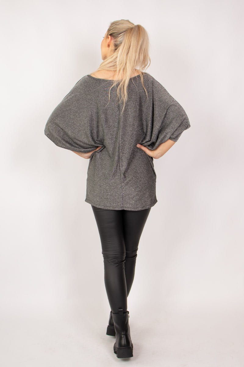 Batwing bluse m. glitter Sølv