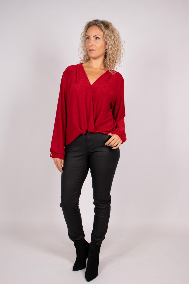 Bluse mit Glitzer und Knotendetails Rot