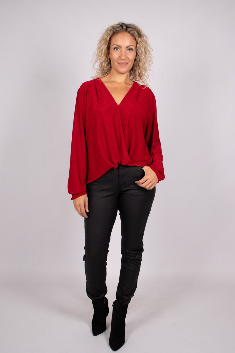 Bluse mit Glitzer und Knotendetails Rot