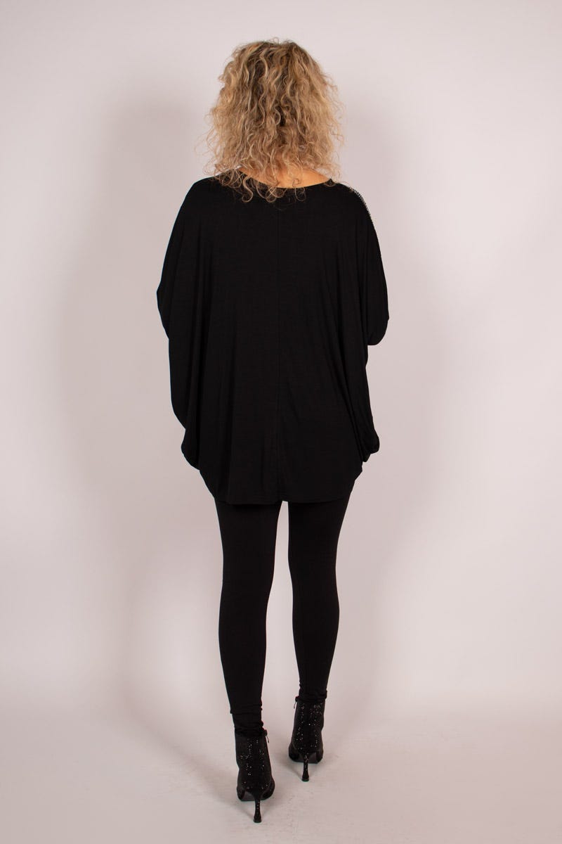 Batwing bluse m. sølv sten