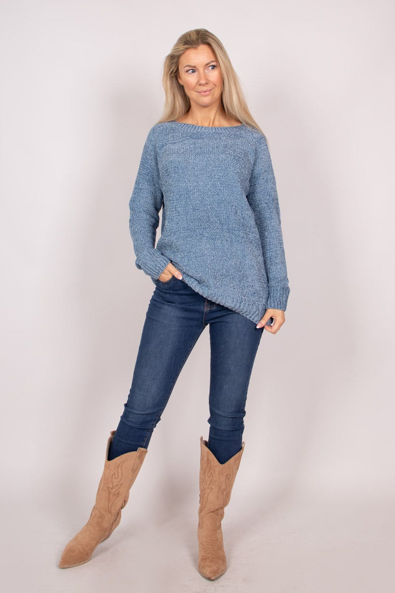 Chenille Pullover mit rundem Hals Blau