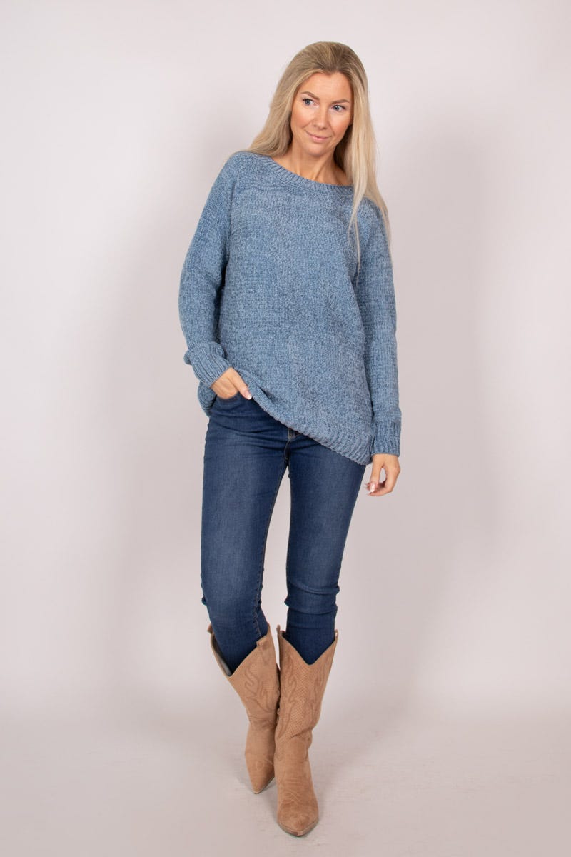 Chenille Pullover mit rundem Hals Blau