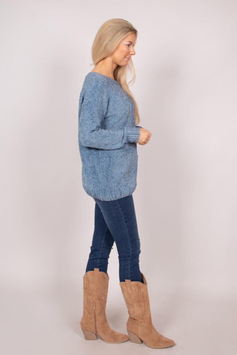 Chenille Pullover mit rundem Hals Blau