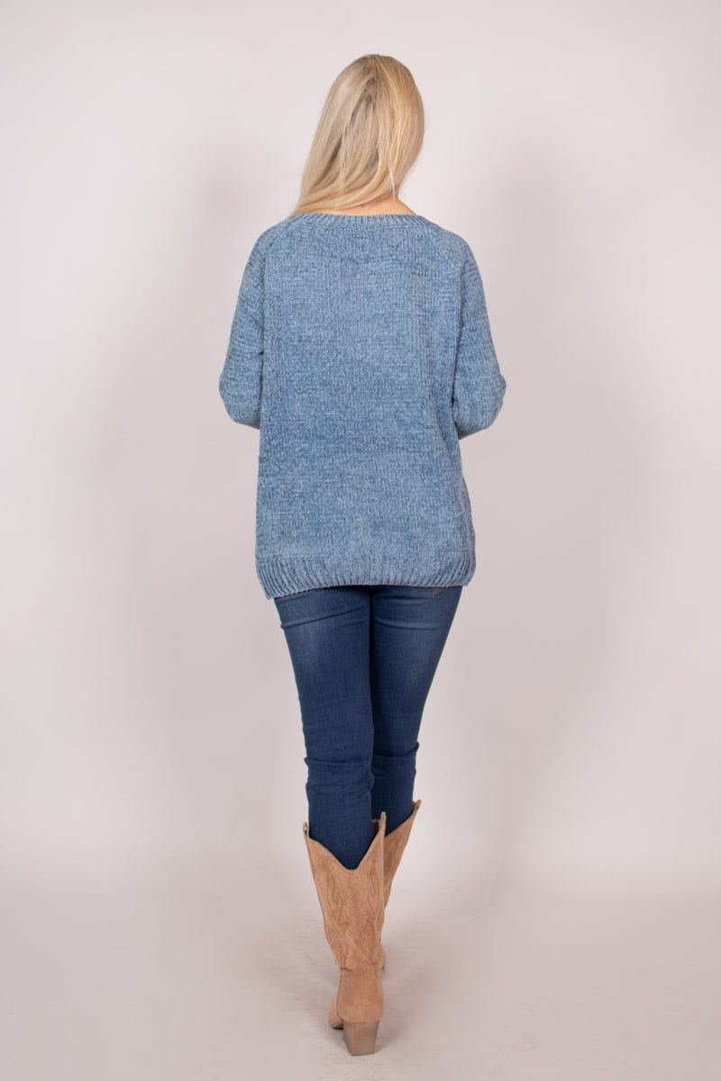 Chenille Pullover mit rundem Hals Blau