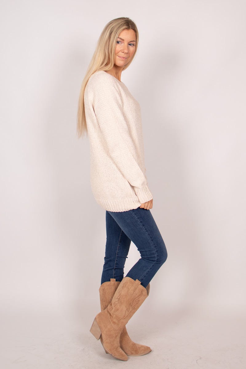 Chenille Pullover mit rundem Hals Cremegefärbt