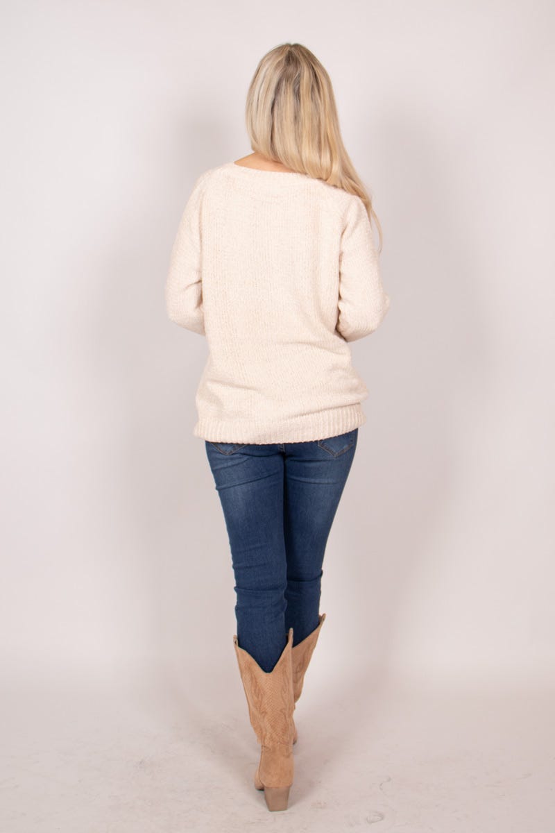 Chenille Pullover mit rundem Hals Cremegefärbt