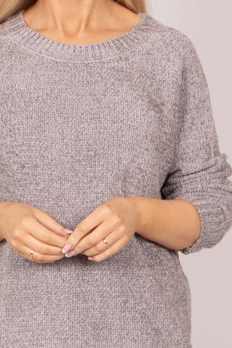 Chenille Pullover mit rundem Hals Grau