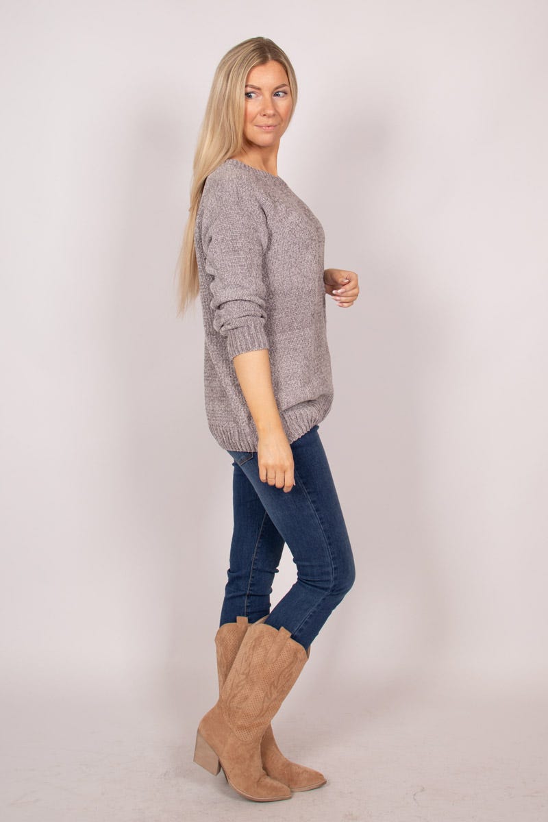 Chenille Pullover mit rundem Hals Grau