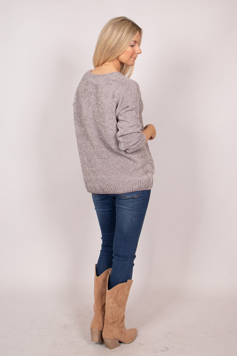 Chenille Pullover mit rundem Hals Grau