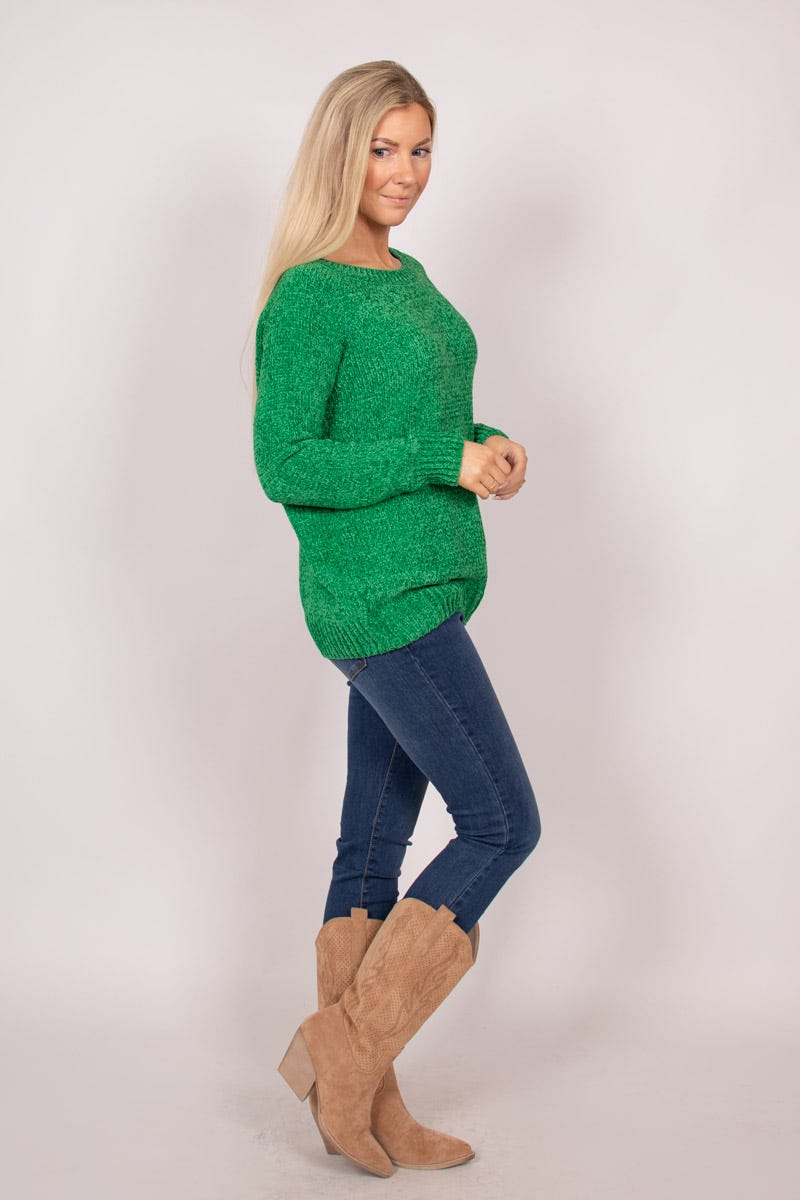 Chenille Pullover mit rundem Hals Grün