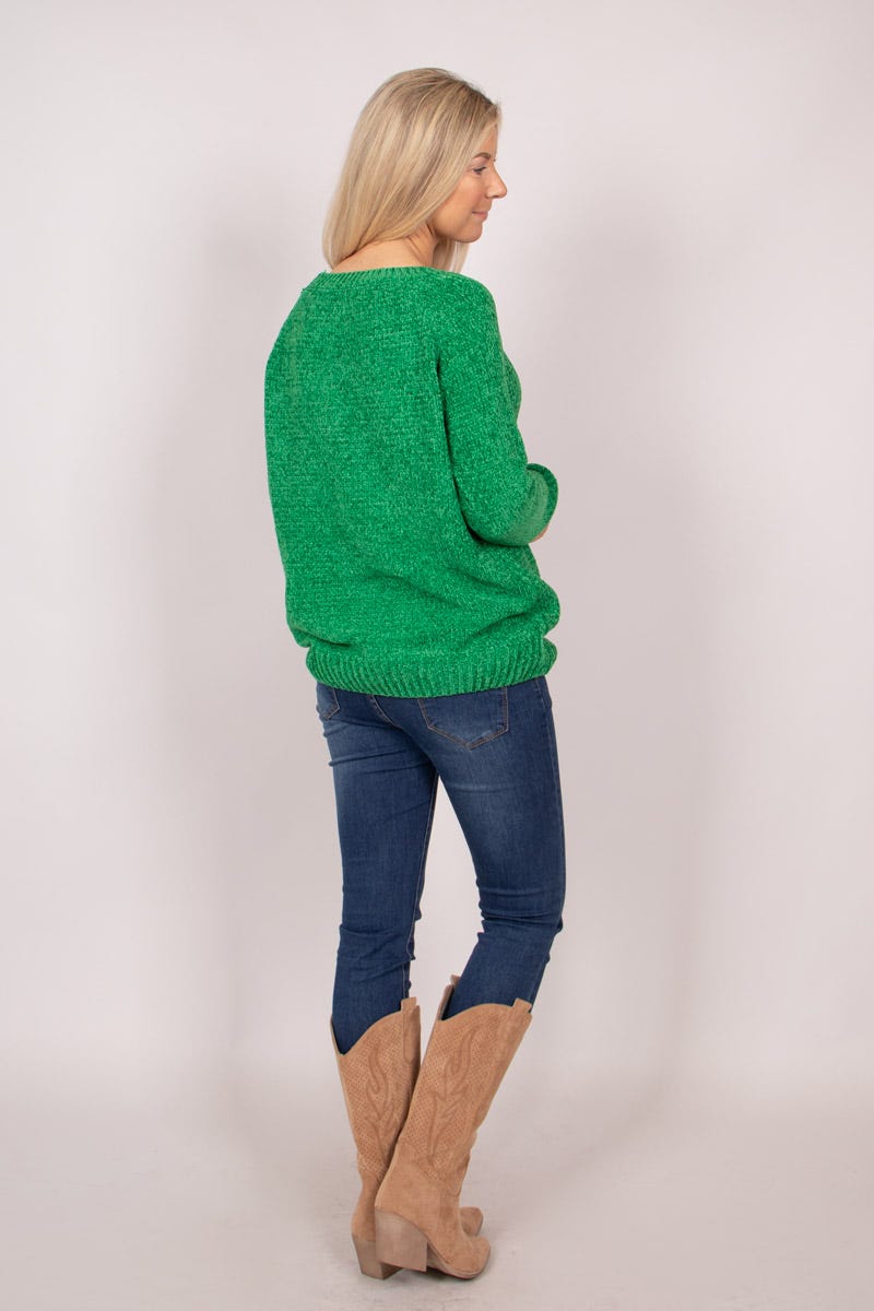 Chenille Pullover mit rundem Hals Grün