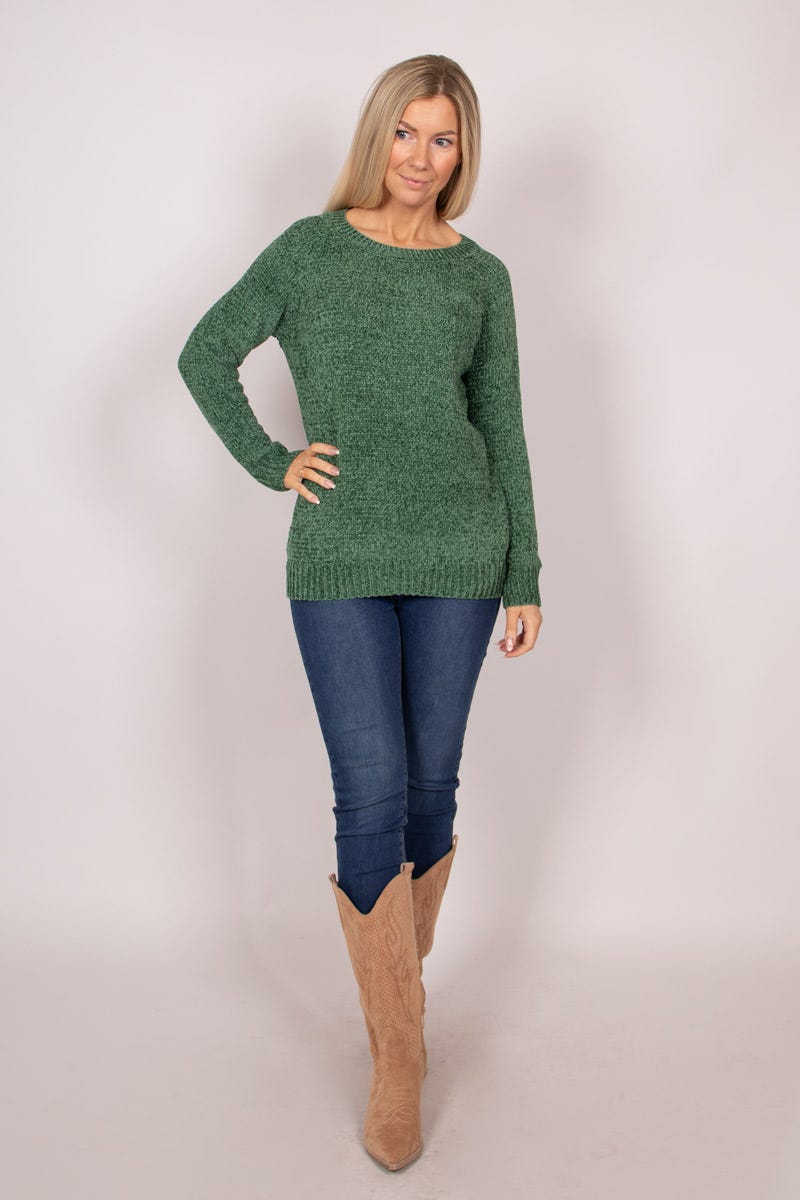 Chenille Pullover mit rundem Hals Khaki