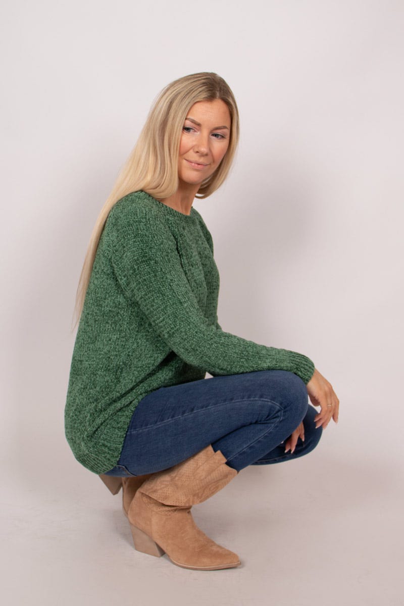 Chenille Pullover mit rundem Hals Khaki