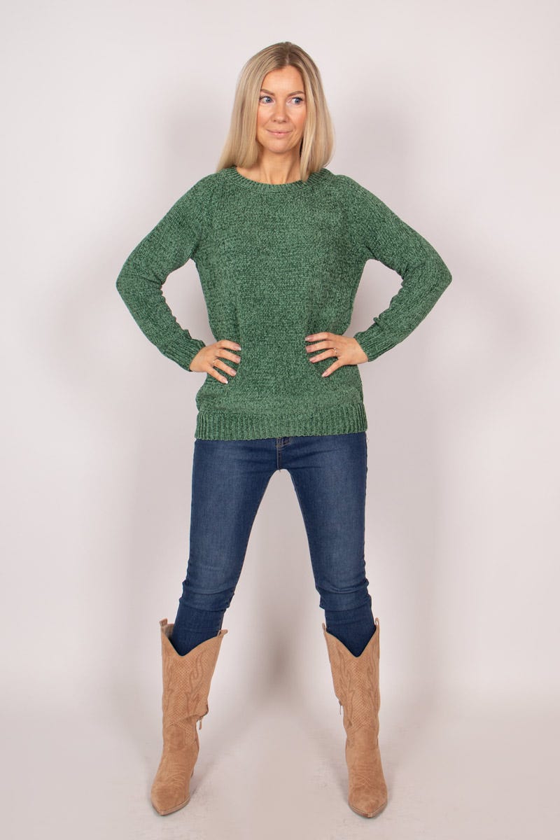 Chenille Pullover mit rundem Hals Khaki