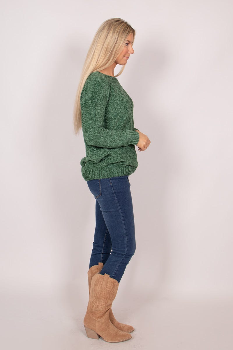 Chenille Pullover mit rundem Hals Khaki