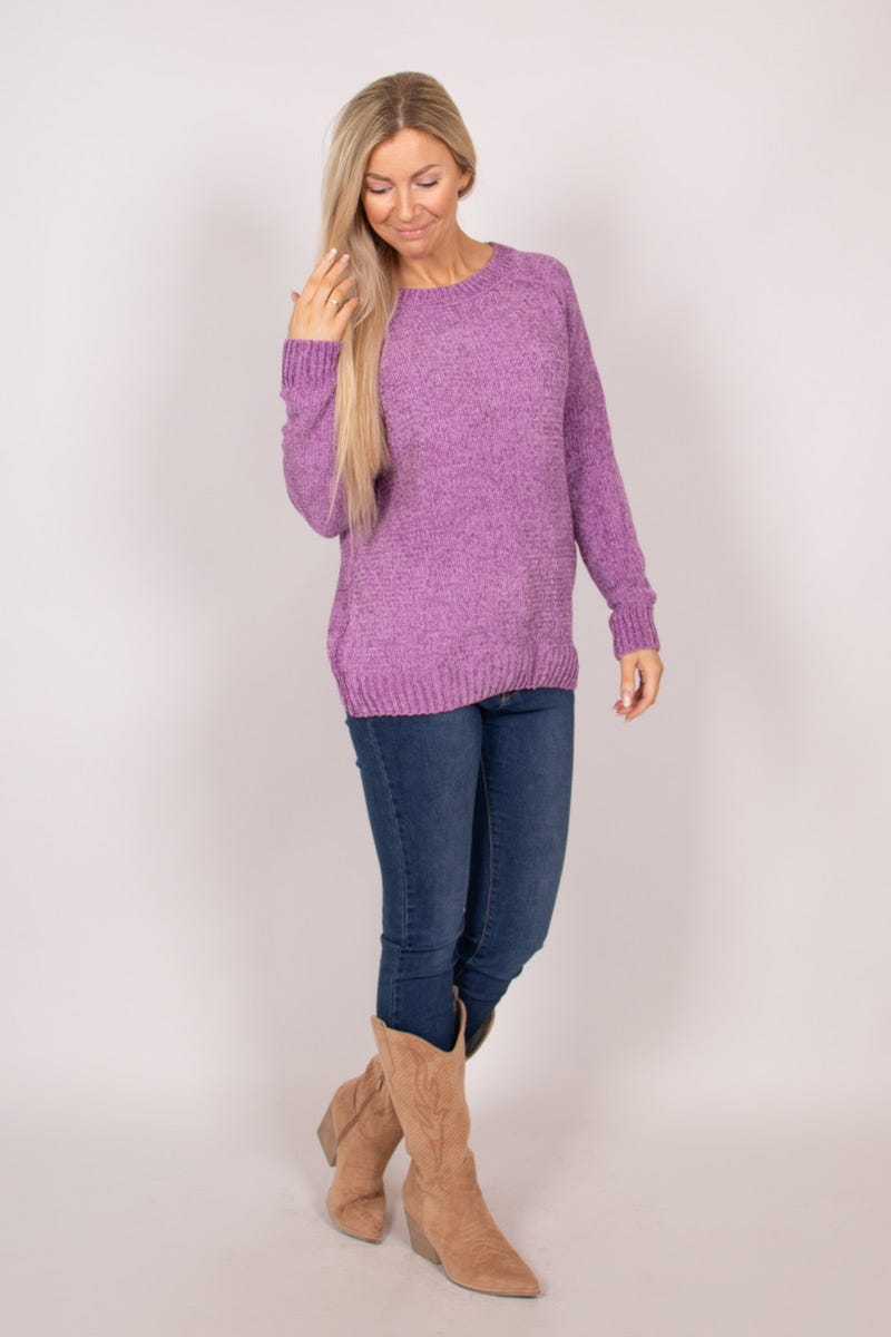 Chenille Pullover mit rundem Hals Lila