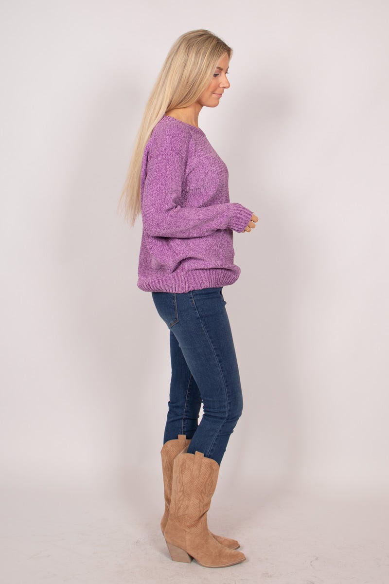 Chenille Pullover mit rundem Hals Lila