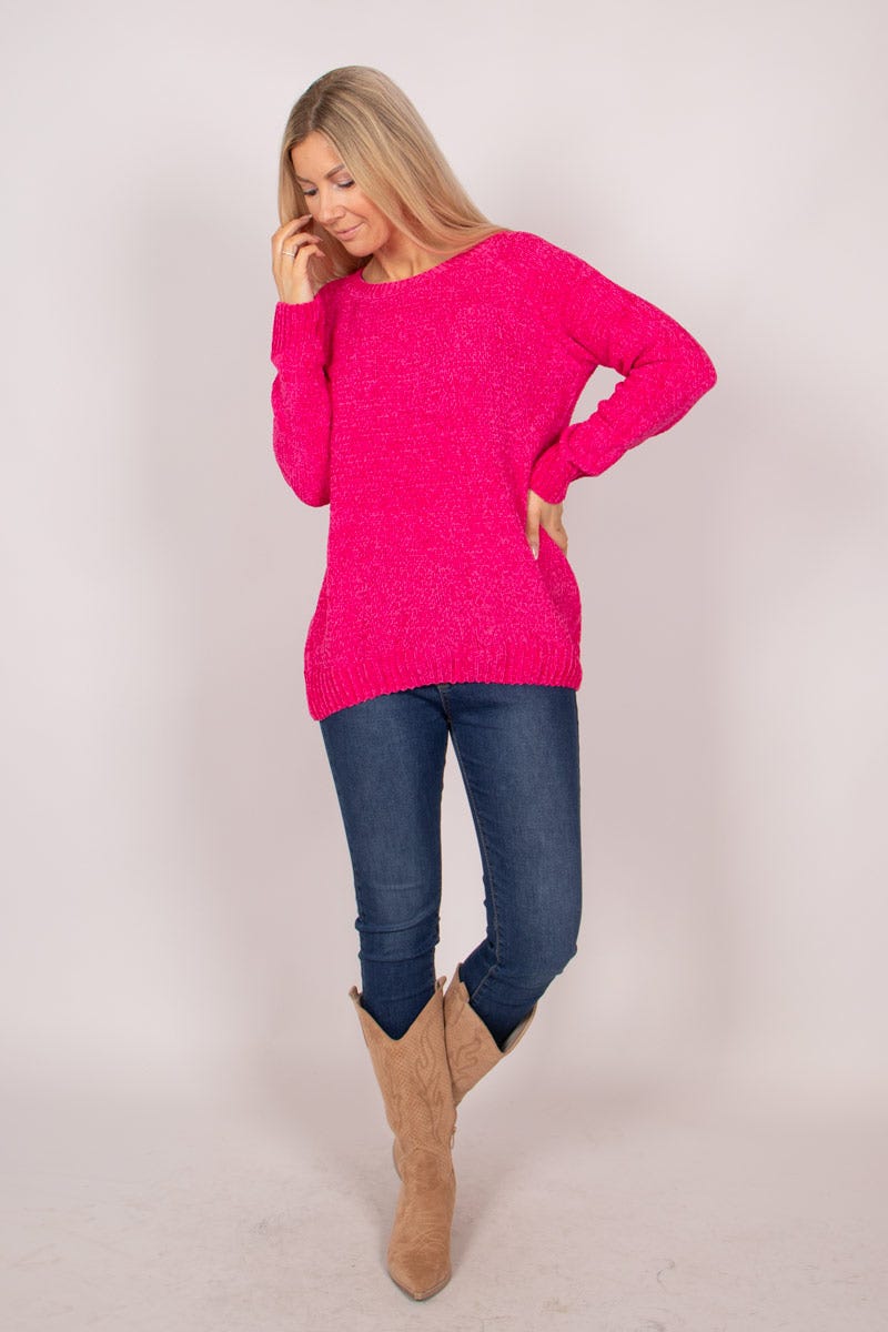 Chenille Pullover mit rundem Hals Pink