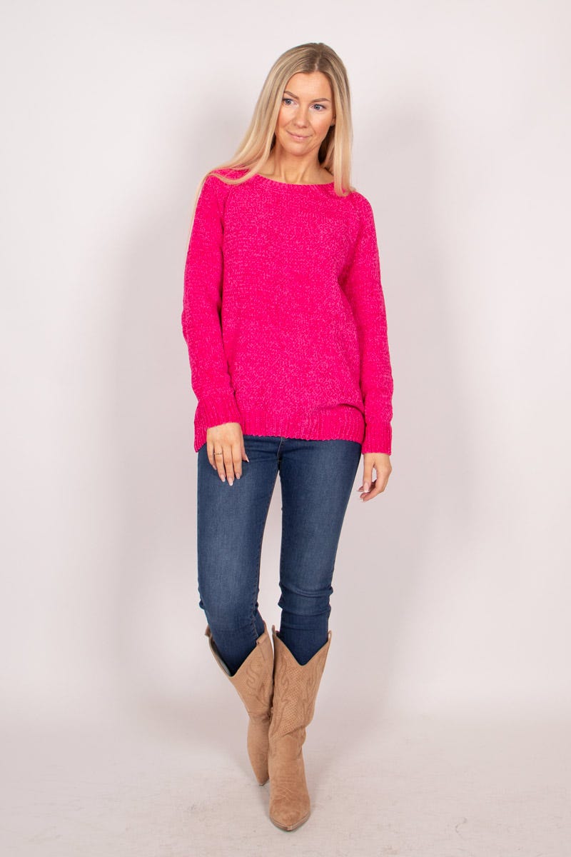 Chenille Pullover mit rundem Hals Pink