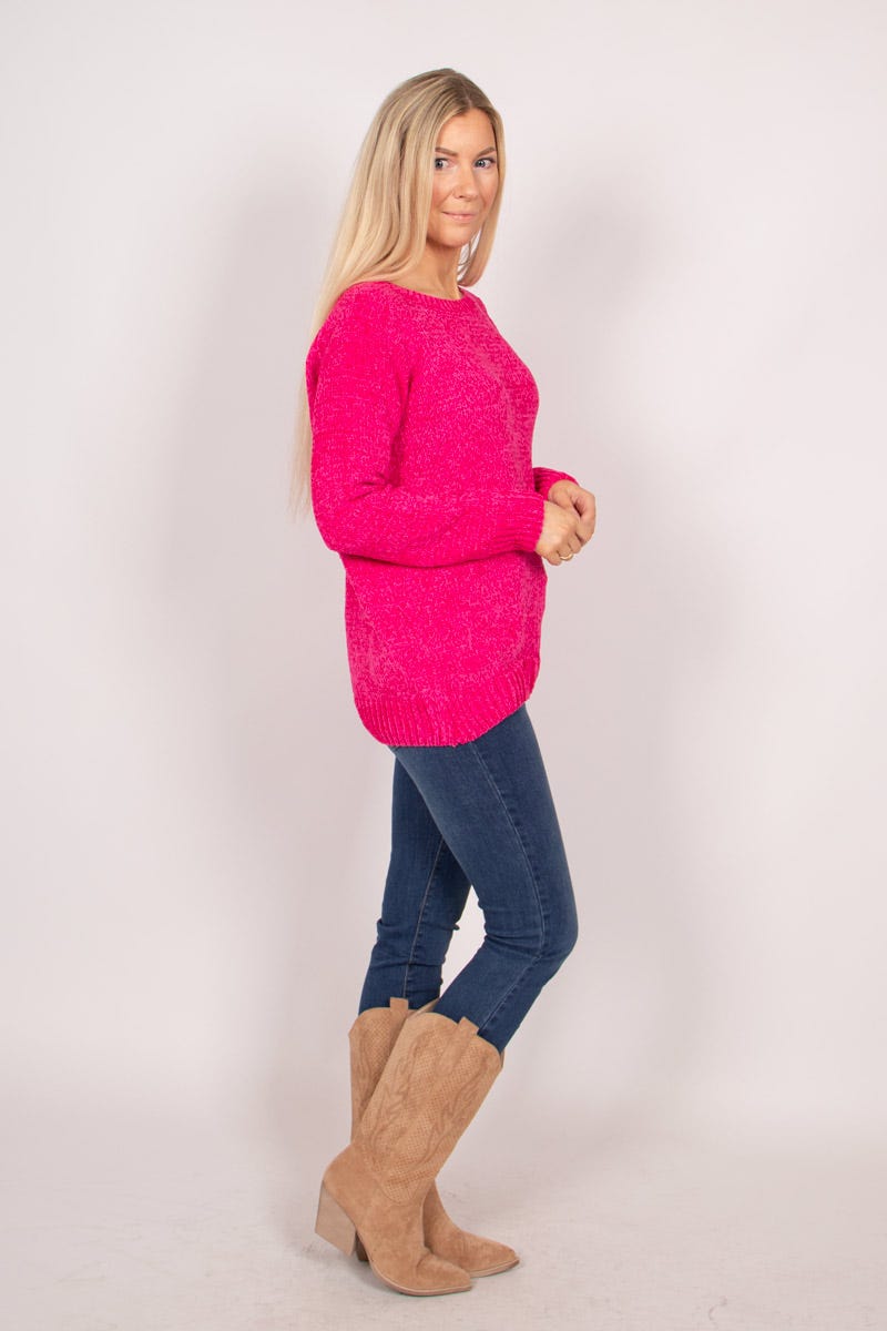 Chenille Pullover mit rundem Hals Pink