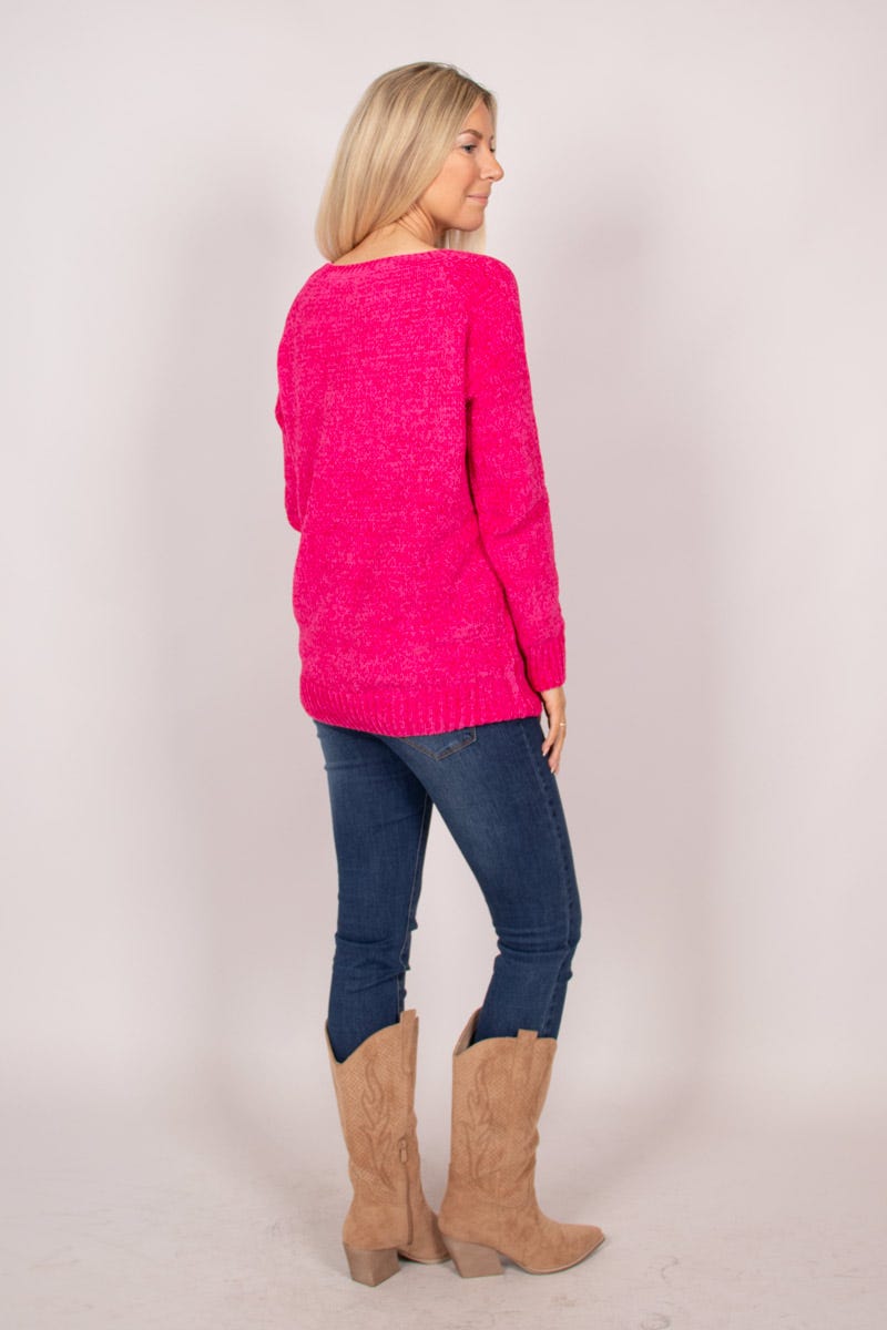 Chenille Pullover mit rundem Hals Pink