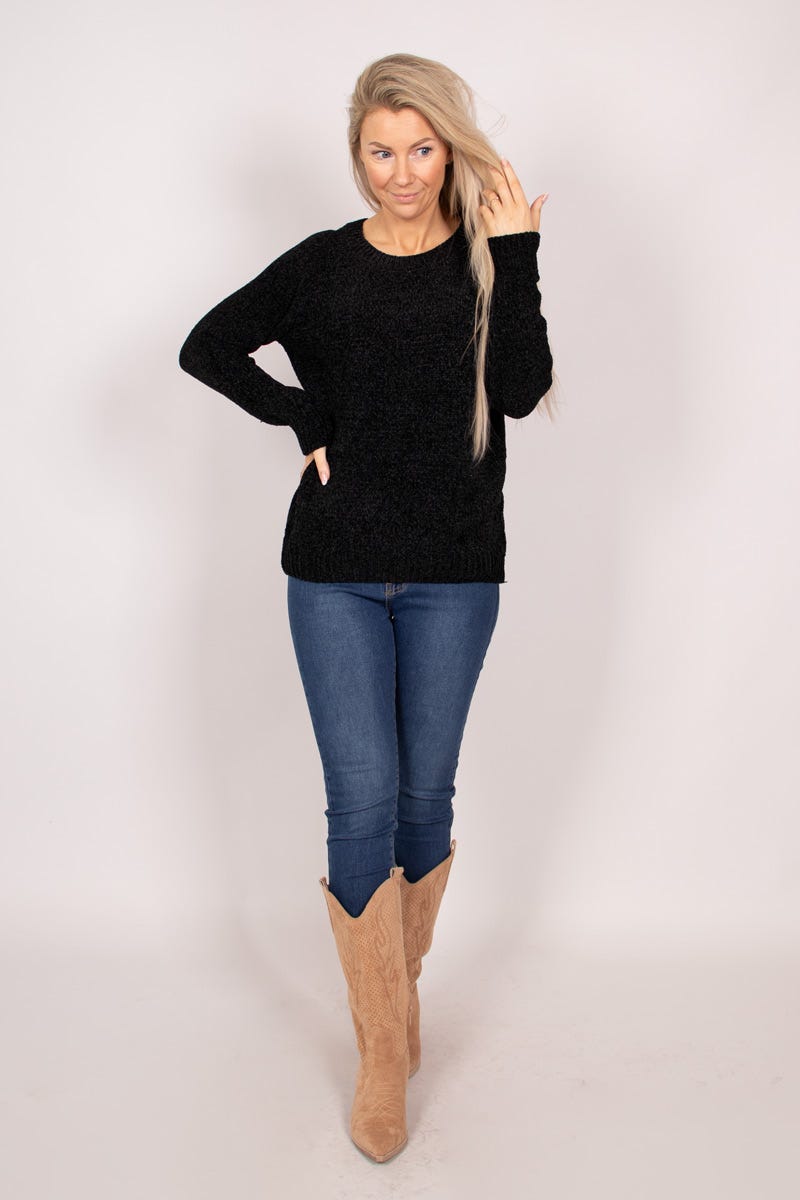 Chenille Pullover mit rundem Hals Schwarz