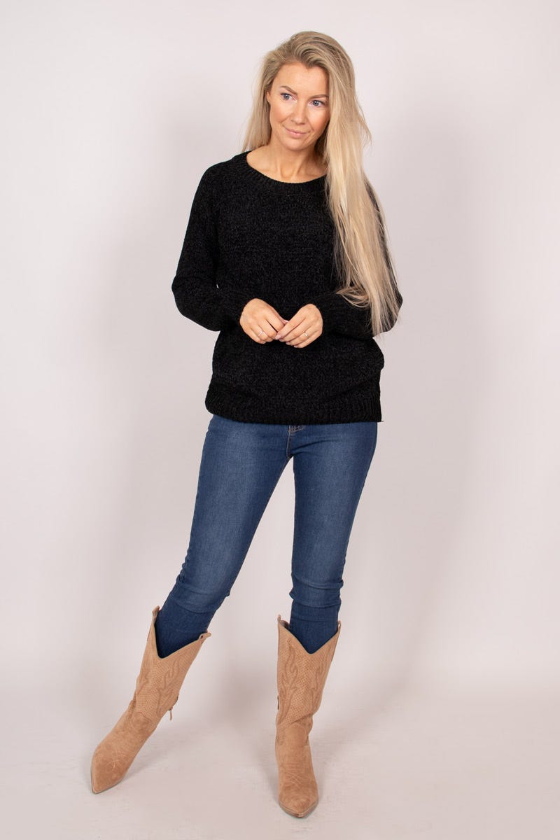 Chenille Pullover mit rundem Hals Schwarz