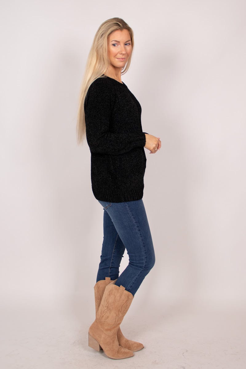 Chenille Pullover mit rundem Hals Schwarz