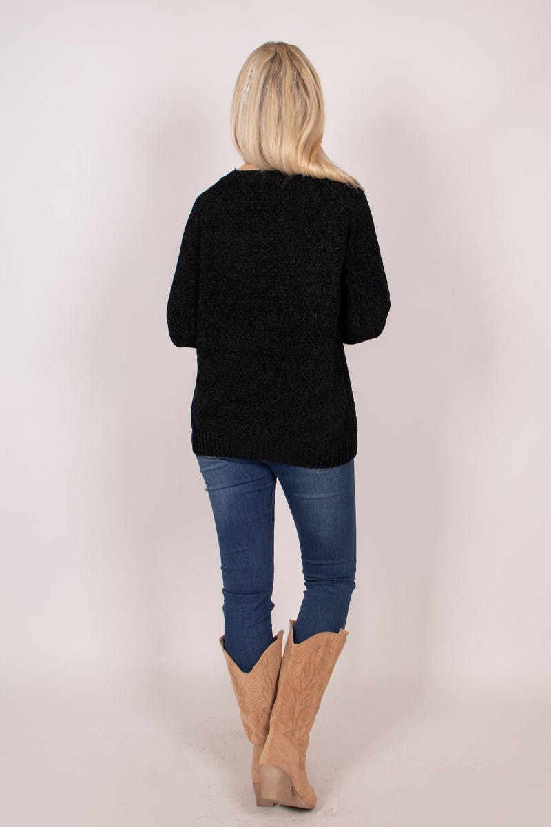 Chenille Pullover mit rundem Hals Schwarz