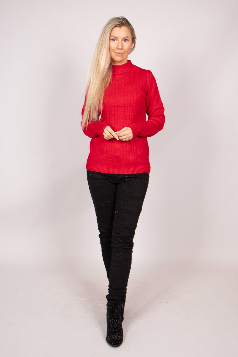 Strickbluse mit Kabelmuster mit kleinem Kragen Rot