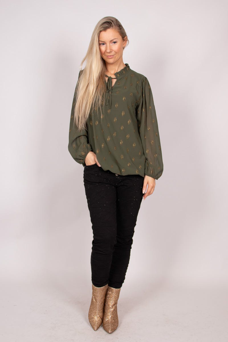 Bluse mit Golddetails und Bindeband Khaki