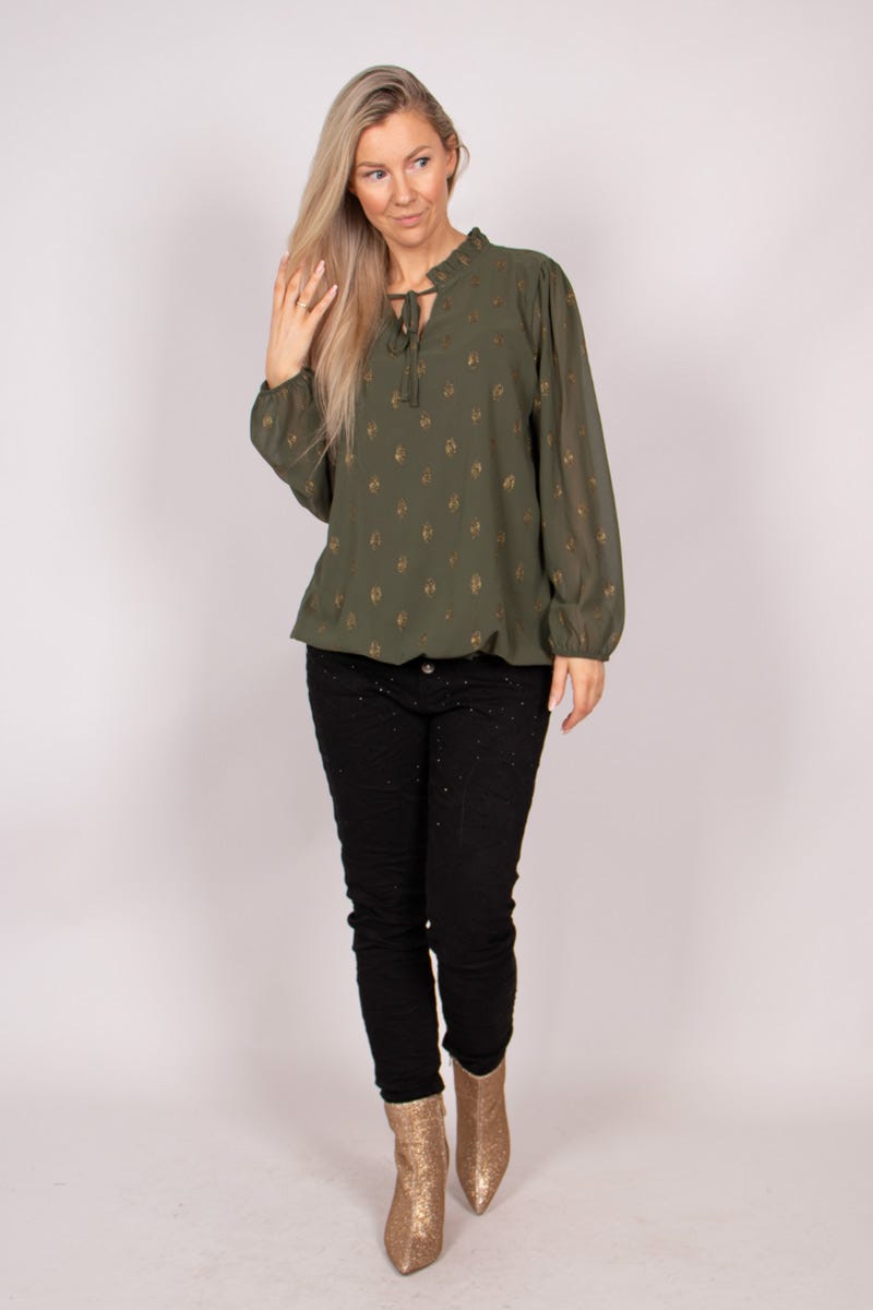 Bluse mit Golddetails und Bindeband Khaki