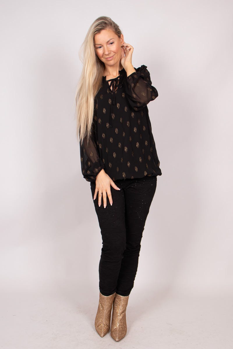 Bluse mit Golddetails und Bindeband Schwarz