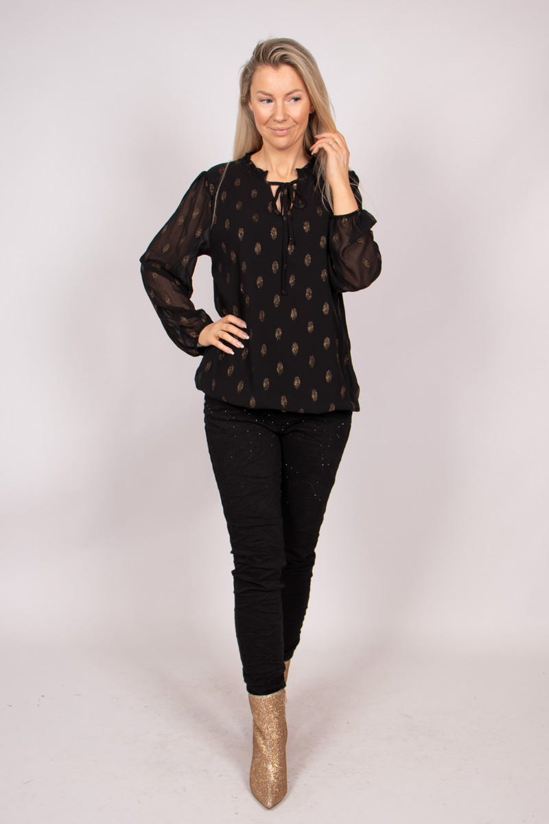 Bluse mit Golddetails und Bindeband Schwarz