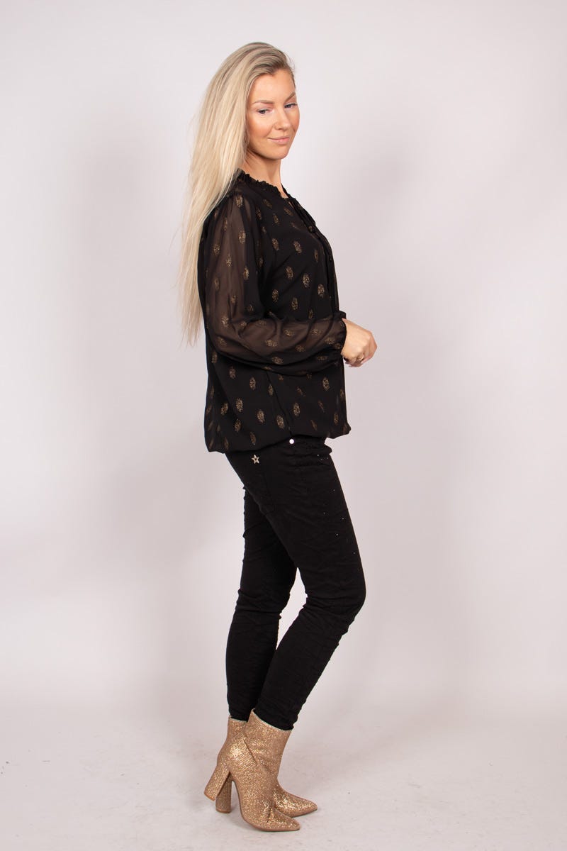 Bluse mit Golddetails und Bindeband Schwarz