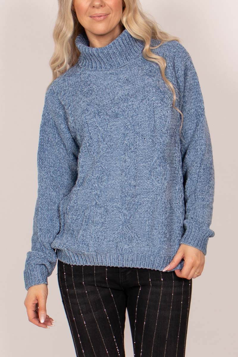 Chenille Strickpullover mit Kabelmuster Blau