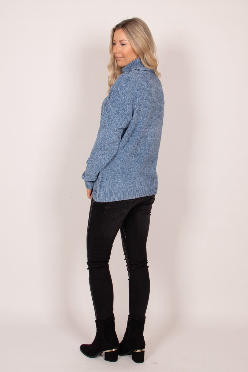 Chenille Strickpullover mit Kabelmuster Blau