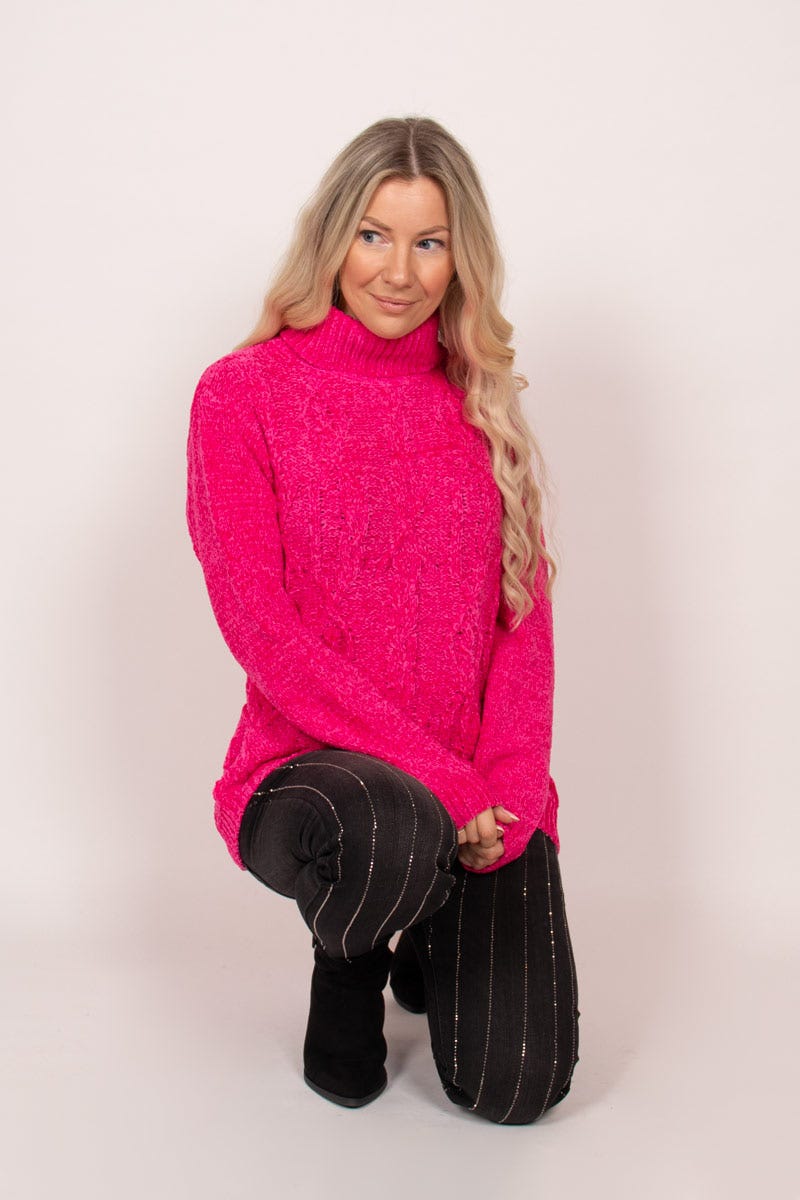 Chenille Strickpullover mit Kabelmuster Pink