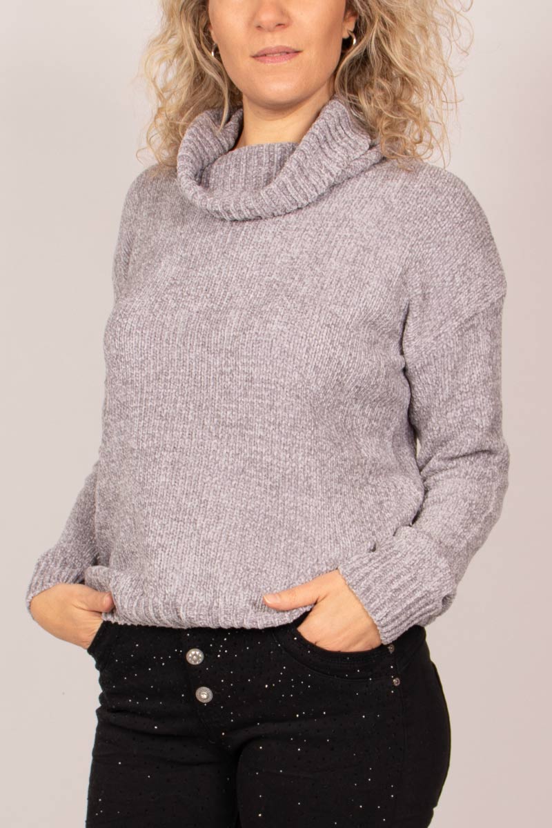 Chenille Pullover mit Rollkragen Grau