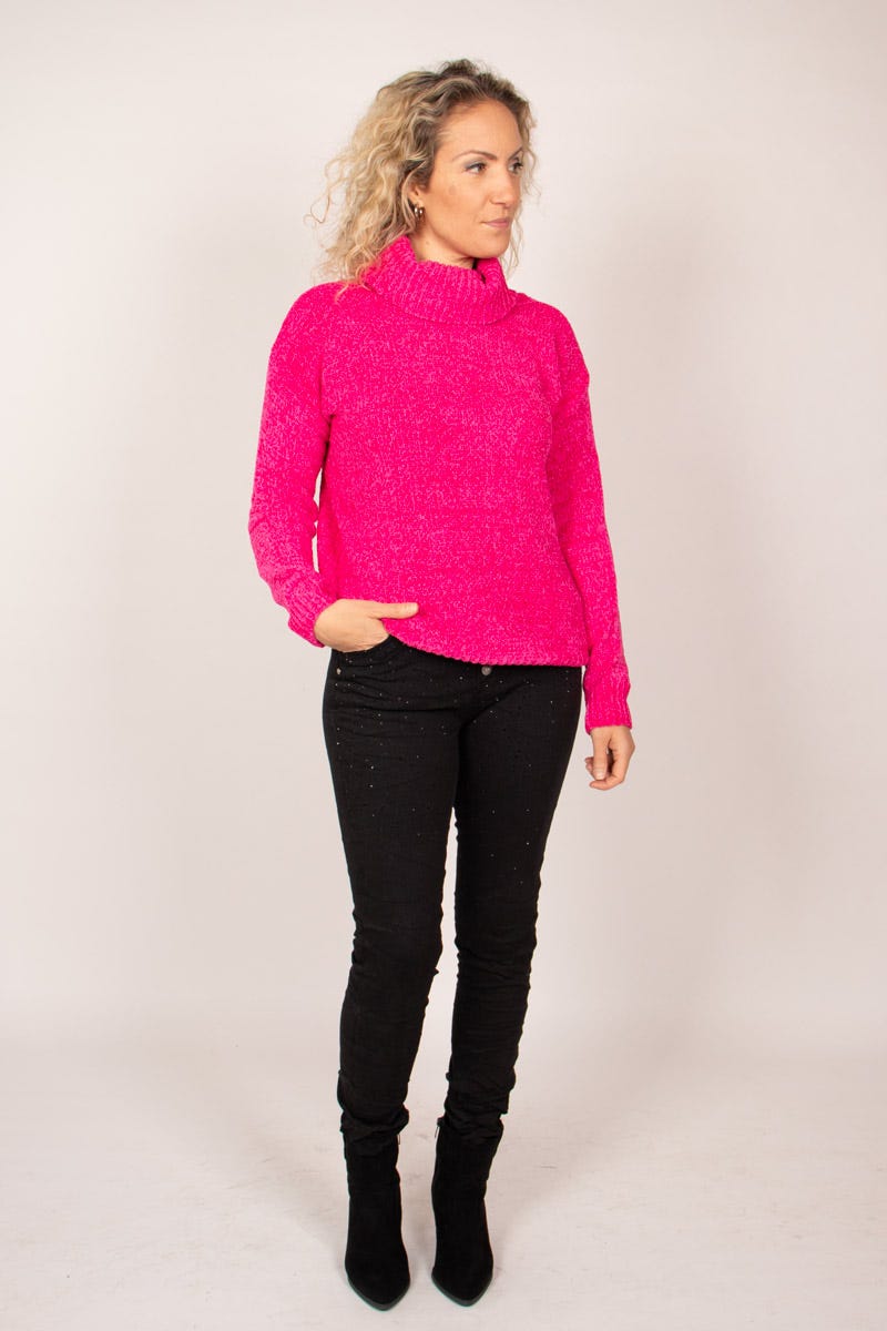 Chenille Pullover mit Rollkragen Pink