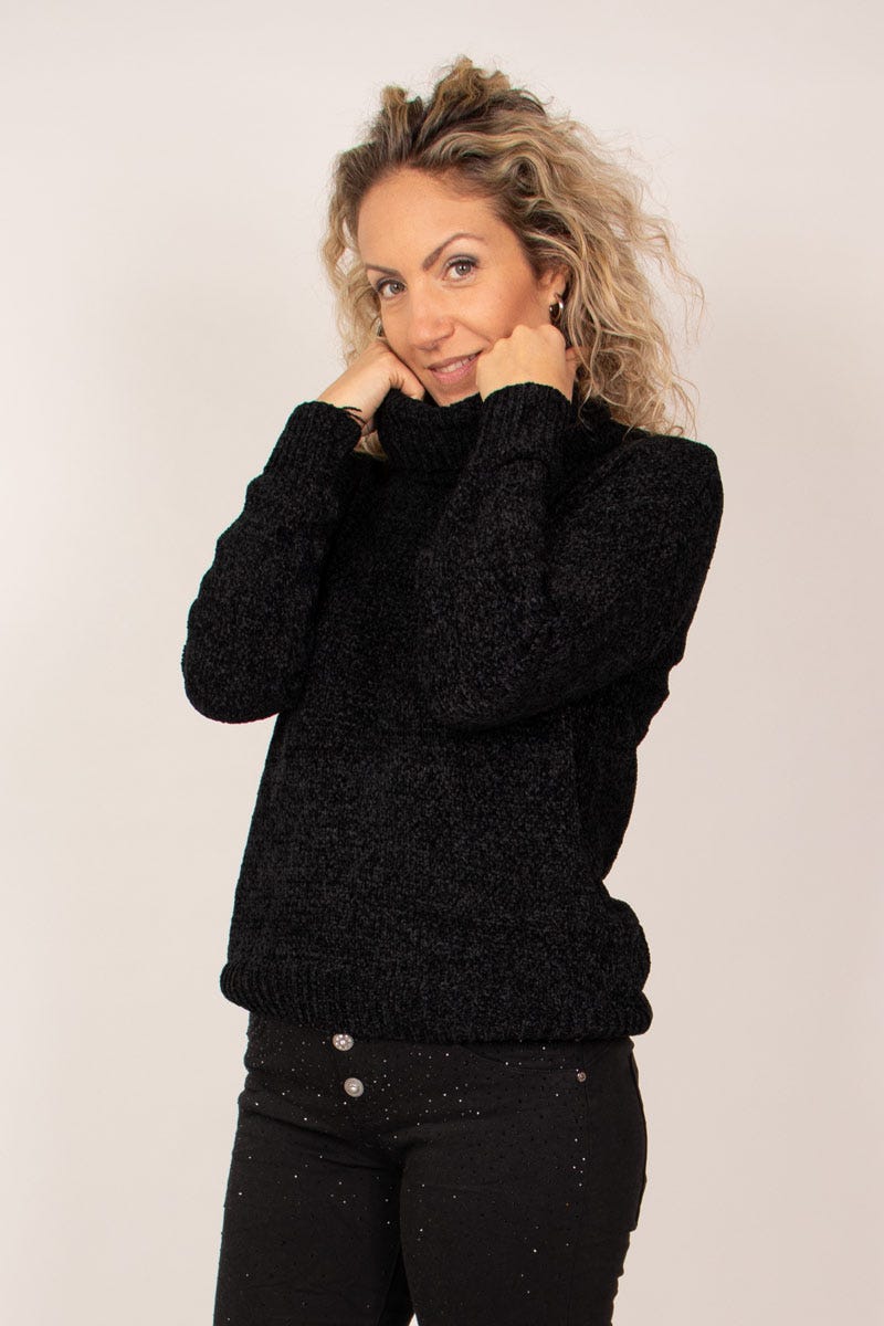 Chenille Pullover mit Rollkragen Schwarz