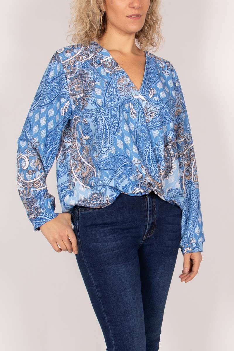 Überkreuzte Bluse mit Paisley-Muster Blau